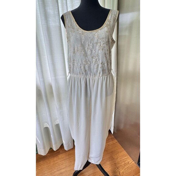 Vintage 80s jumpsuit, off-white, gold metallic lace, elastic waist & golden belt - Picture 9 of 10